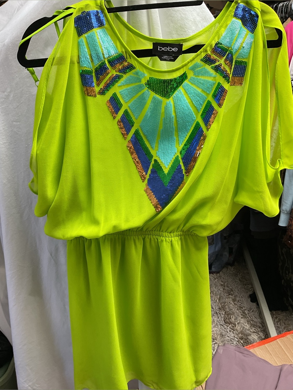bebe Neon Lime Beaded Embellished Dress